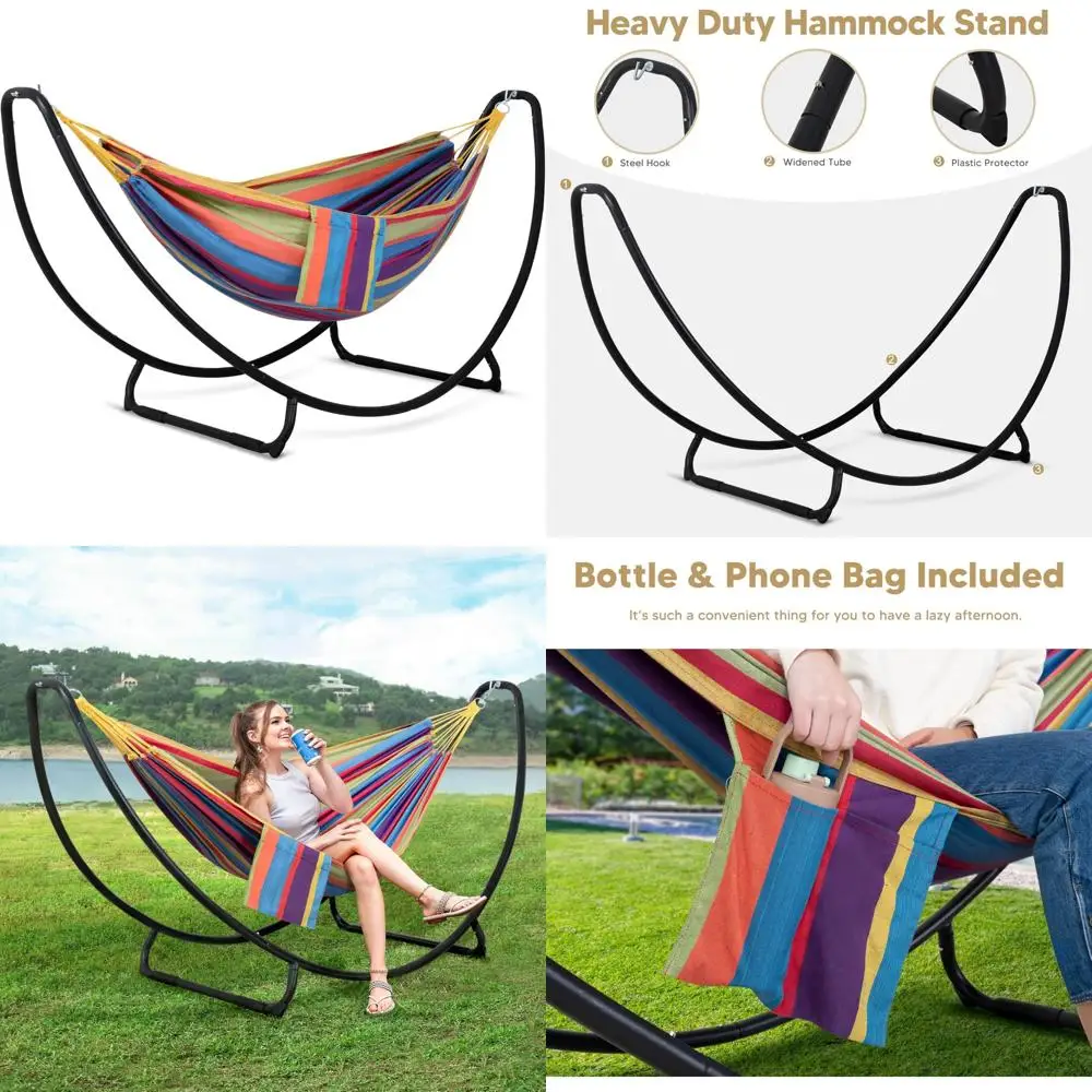 รวมขาตั้งเปลญวนแบบพกพาสำหรับสองคน ดีไซน์ประหยัดพื้นที่ สีรุ้ง กำลังจดสิทธิบัตร เหมาะสำหรับการพักผ่อนกลางแจ้ง