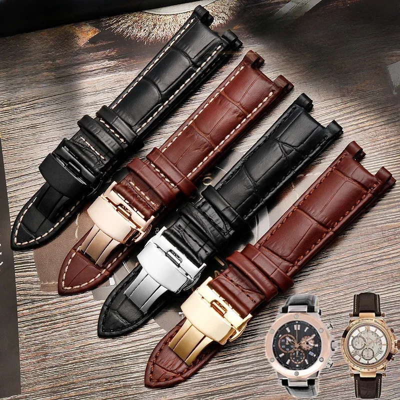 Genuine Leather Concave interface Brown Black Cowhide Watch Strap for Gucci Guess Men 20 22mm Butterfly Buckle Watchbands