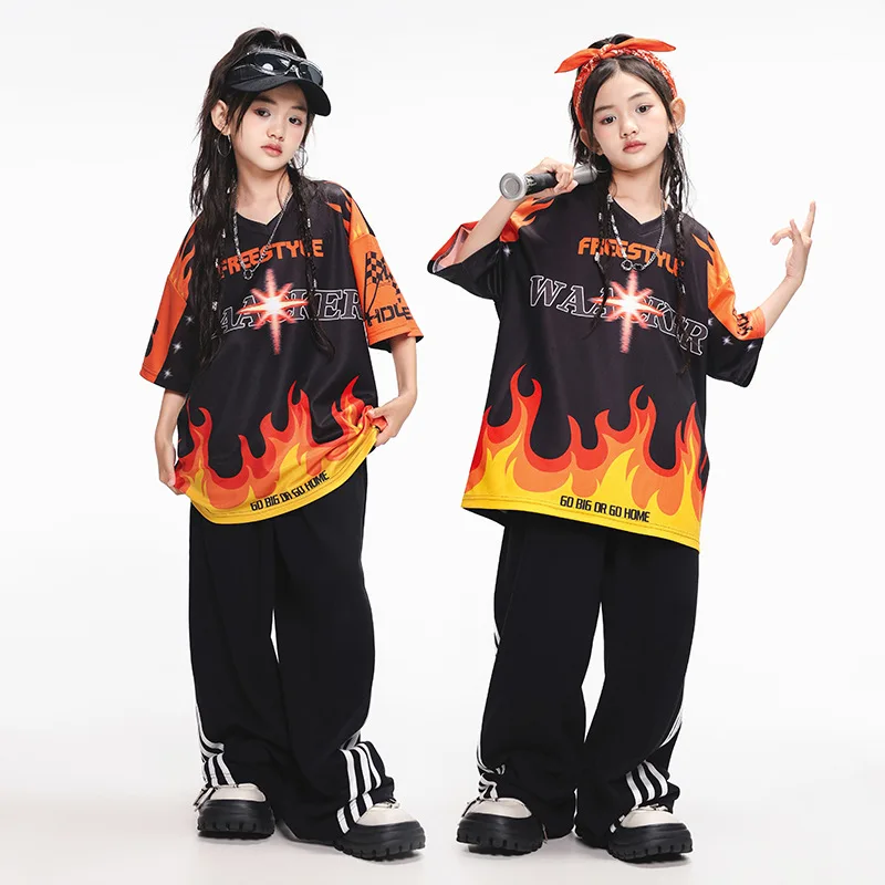 New Teenagers Jazz Dance Costume Short Sleeves Hip Hop Suit Summer Girls Loose Hip-Hop Performance Clothing Kids Practice Wear