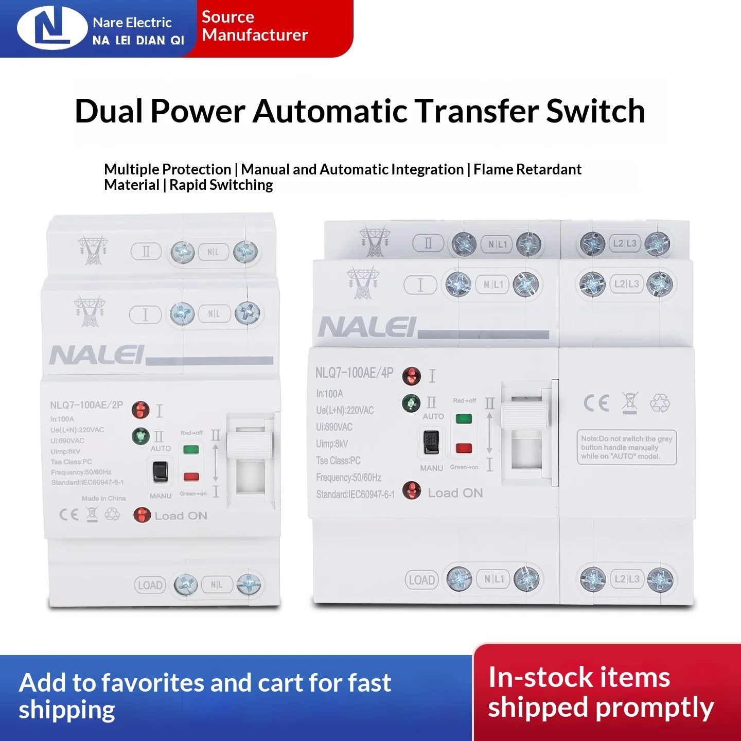 

Mini Dual Power Automatic Transfer Switch ATS NLQ7-2P/4P, 220V Uninterrupted Dual Mains Circuit Switch for PZ30 Distribution Box