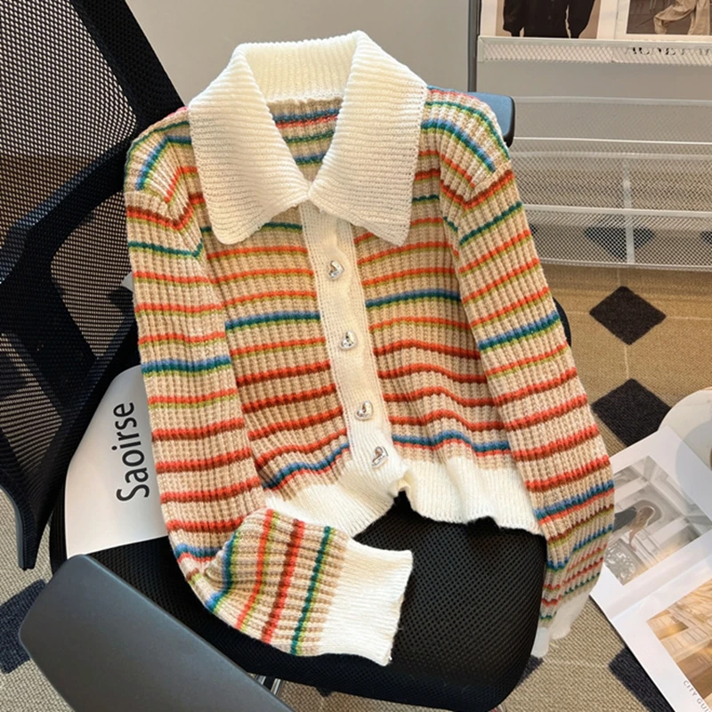 Women's Colorful Striped Knitted Cardigan Short Autumn Winter Vintage Streetwear Sweater Fashion Slimming Sweet Loose Crop Tops