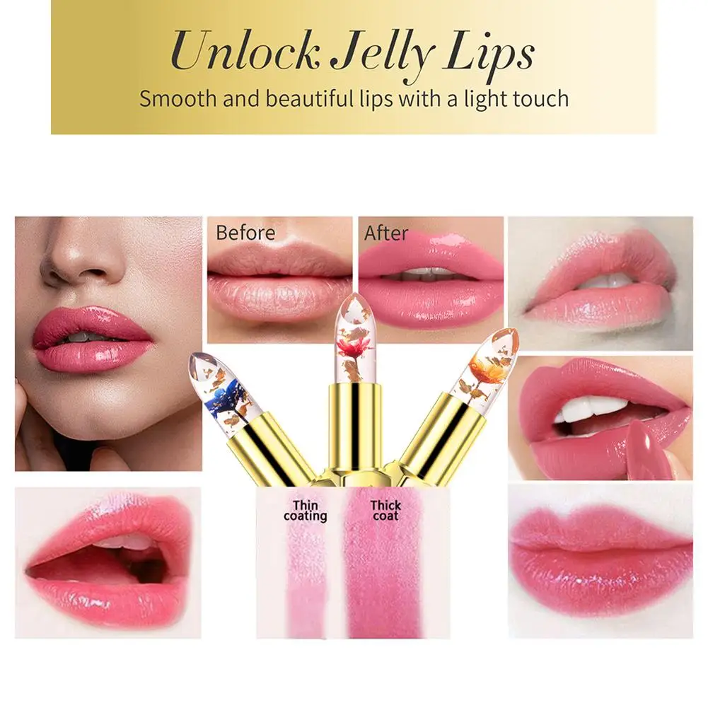 Blumengelee-Lippenstift, Temperaturänderung, Feuchtigkeitscreme, Blumen-Lippenstift, langlebiger Lippenbalsam, magischer Farbwechsel, Lippenstift-Make-up