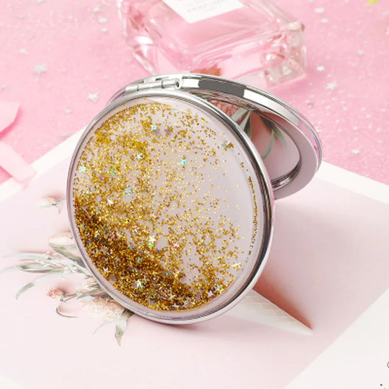 GU388 Fashion Mini Pocket Makeup Mirror Creative Cosmetic Compact Mirrors with Flowing Sparkling Sand Can Wholesale Lettering