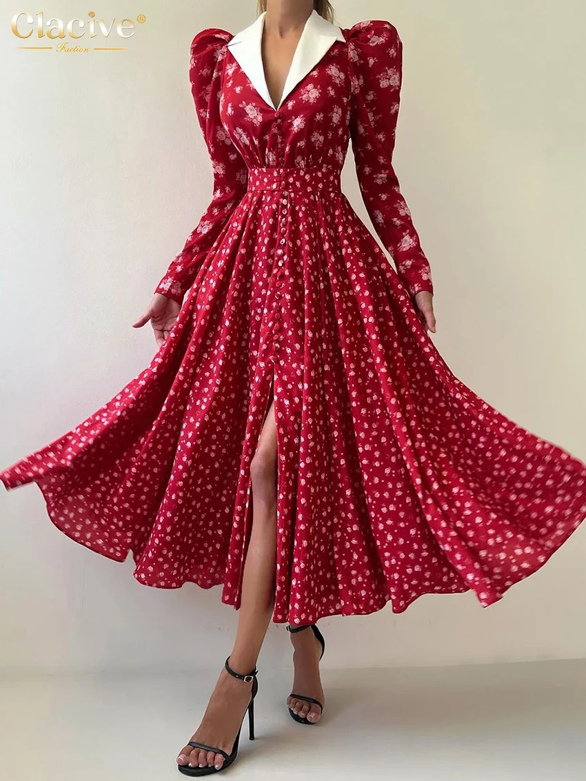 Clacive Fashion Loose Print Women's Dress Vintage Lapel Long Sleeve Ankle Length Dresses Elegant High Waist Pleated Female Dress