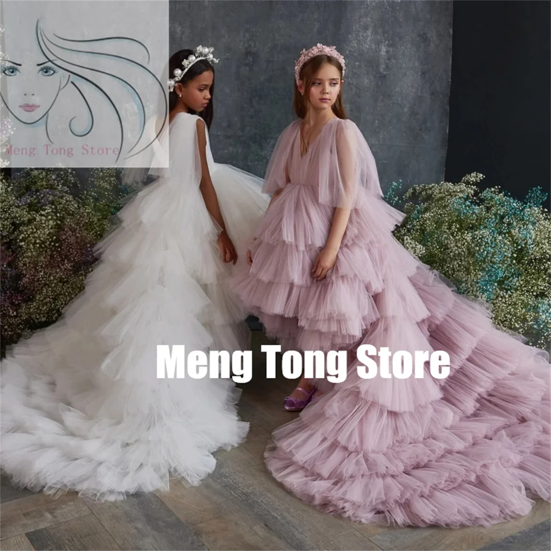 Customized  Flower Girl Dresses Tulle Tiered With Tailing Sleeveless For Wedding Birthday Party Banquet Princess Gowns