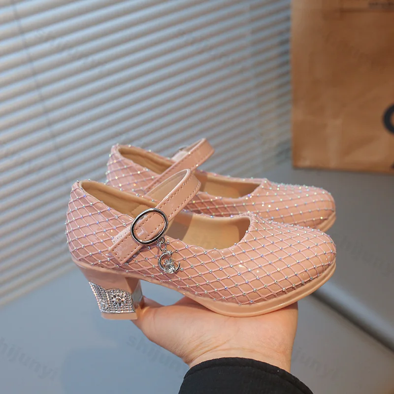 Girls Princess Shoes Spring 2026 New Children High Heels Leather Shoes Sparkly Sequins Dress Shoes Soft Sole Classic Mary Jane