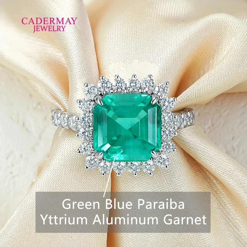 Cadermay 925 Silver Green Blue 10mm 7ct Asscher Cut Lab Paraiba YAG Ring Halo Moissanite Promise Rings Pave for Women Gift Party