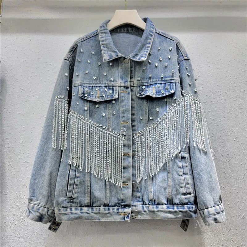 

Tassel Denim Jacket Women's 2024 New Spring Loose Slimming Ins European Street Diamond Jacket Top Fashion Blue Jean Coat