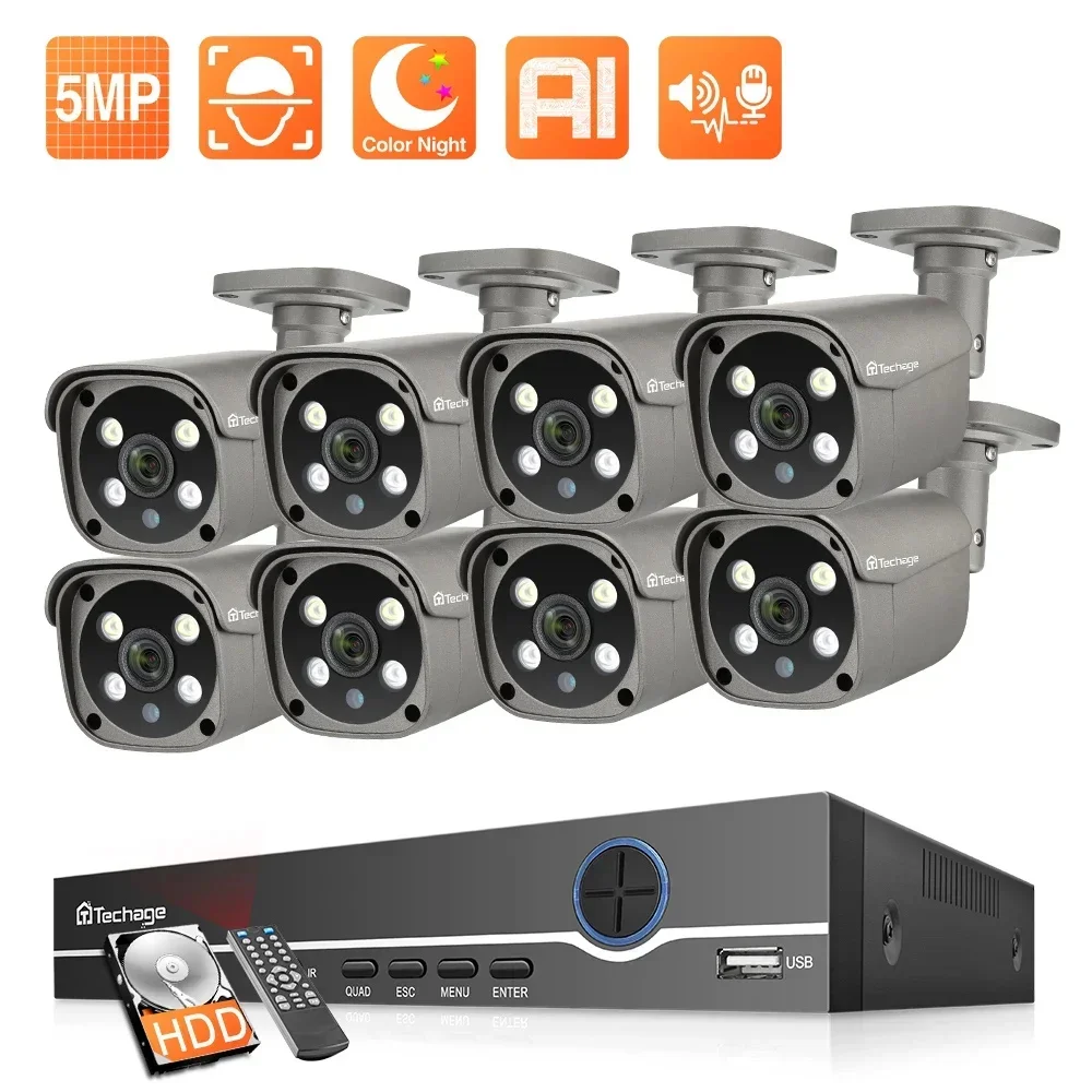 Techage 8CH 5MP Security Video Surveillance Kit Color Night Vision Outdoor Waterproof CCTV System POE IP Camera Two Way Audio