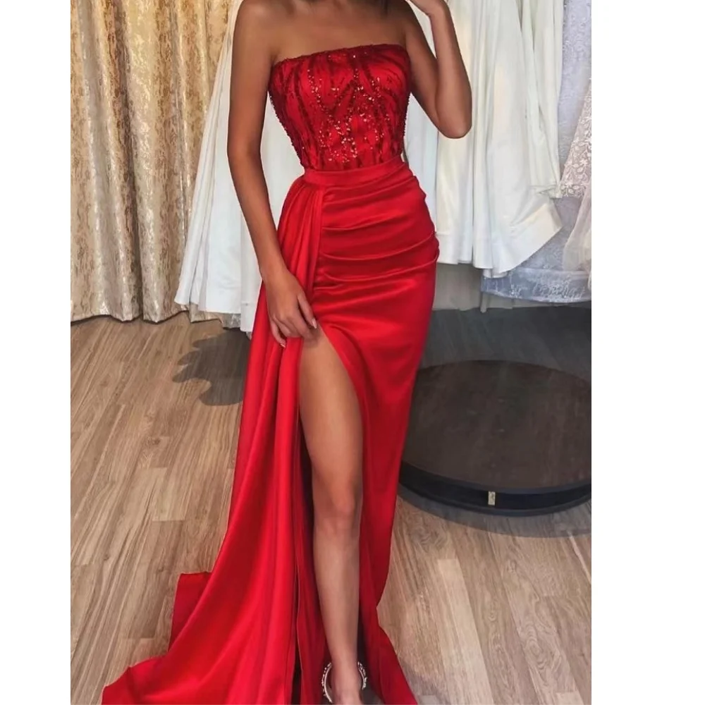 Muloong Strapless Court Train Ruffle Zipper up Women Luxury Party Dress 2023