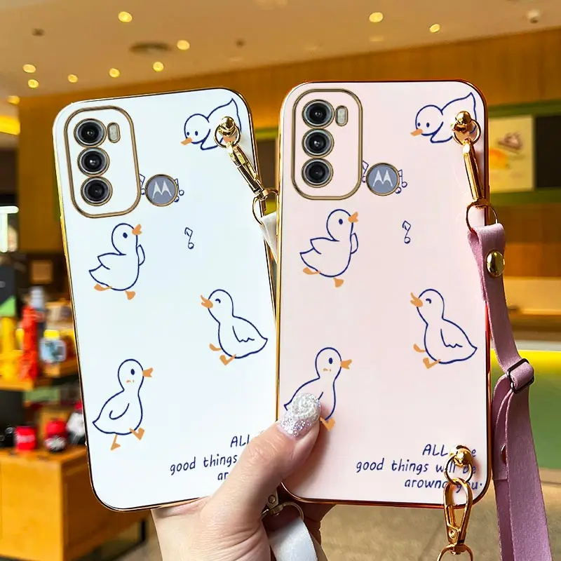 Singing Duck Lanyard Plating Phone Case For Motorola Moto G60 G60S G82 G62 G23 G52 G72 G30 G13 G42 G40F G50 G32 G73 G53 G9 Cover