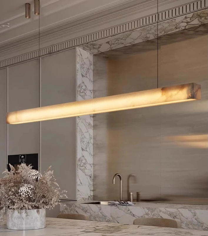 Natural marble restaurant chandelier, all copper, light luxury dining table, island tea room, one-word study lamp
