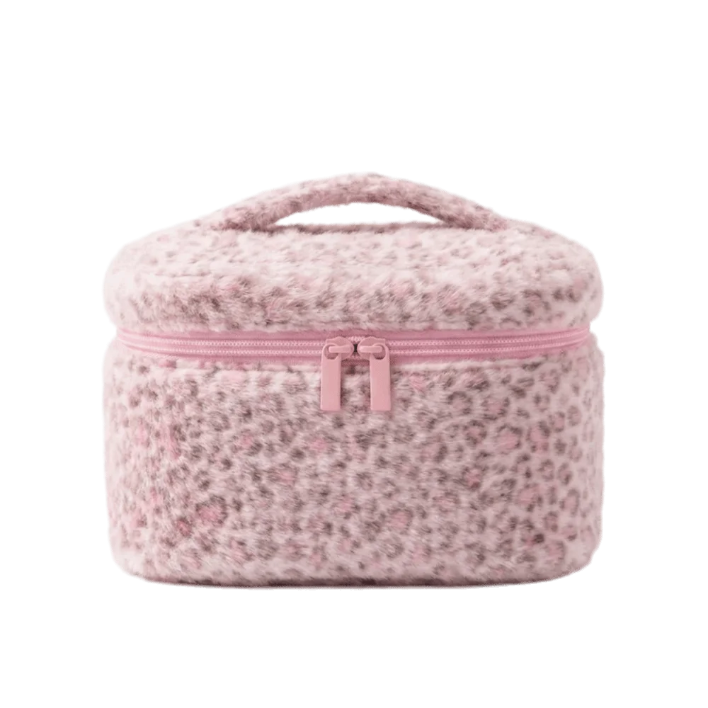 Portable Pink Leopard Print Makeup Bag Top Handle Large Capacity Cosmetic Bag Zipper Smooth Material Plush Toiletry Organizer
