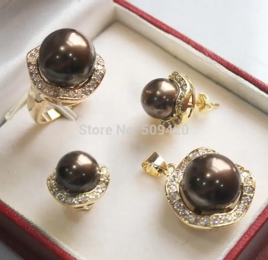 

Wholesale Set 10mm 14mm Brown South Sea Shell Pearl Earrings Necklace Ring Lady's Jeweley