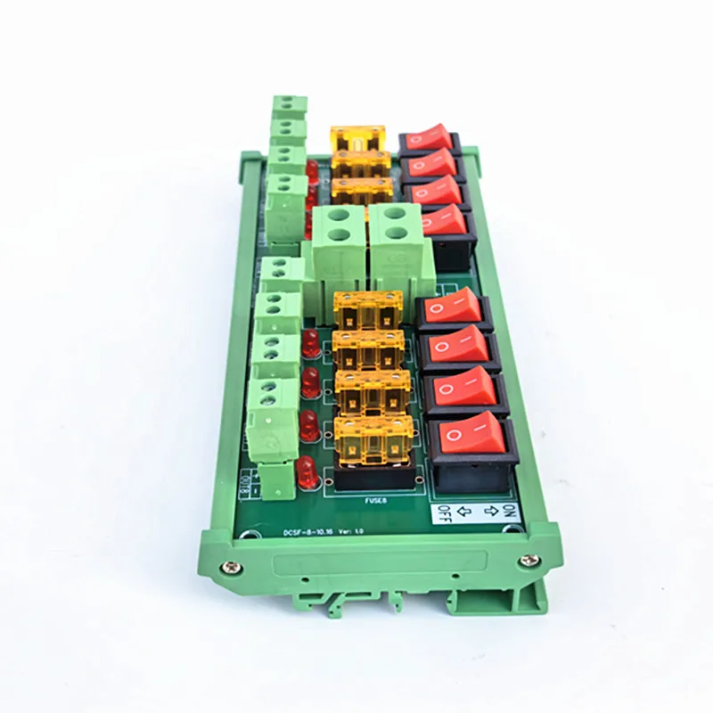 DIN Rail Mount 8 ChannelDC Power Distribution Module Red Rocker Switch Fused Pluggable Wiring Terminal Block