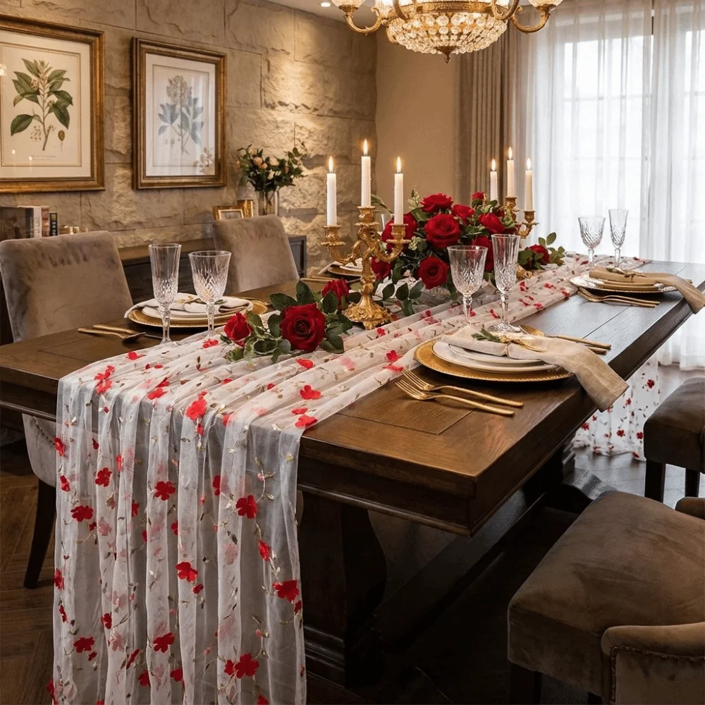 Semi-Transparent Tulle Table Runner French Style Polyester Embroidered Tablecloth Retro Romantic Floral Tablecloth Wedding Party