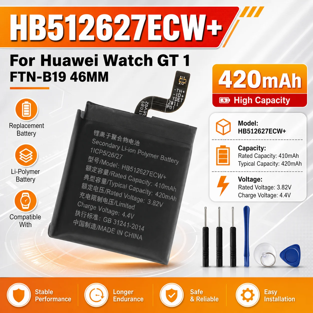 Smart Watch Replacement Battery HB512627ECW+ 420mAh For Huawei Watch GT 1 FTN-B19 46MM With Free Tool Kit