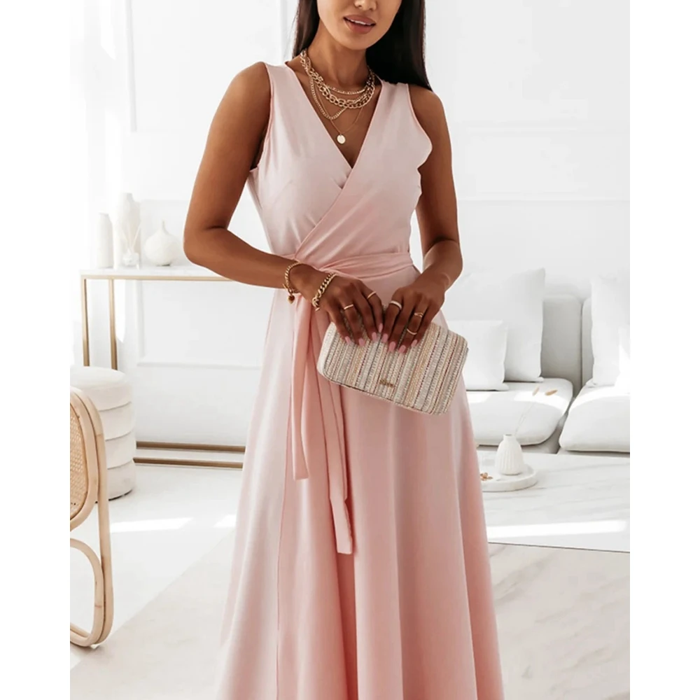 

Summer Women V-Neck Solid Sleeveless Long Dress 2024 Slim Fit Maxi Belted Party Evening Gowns New in Dress Woman Clothes