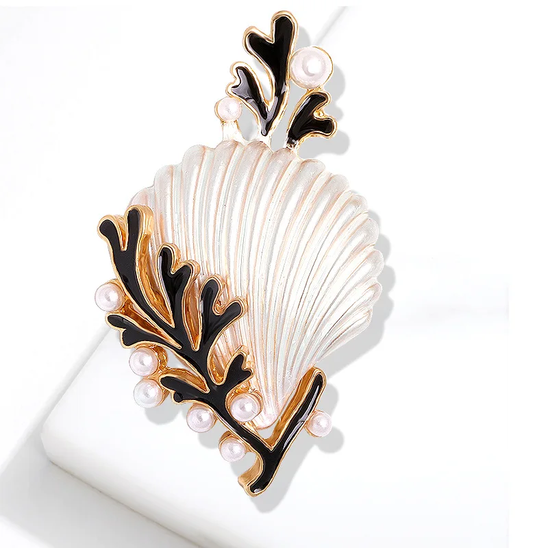 European and American Fashion Alloy Spray Painted Shell Coral Chest Flower Drop Glaze Pearl Brooch Drop Oil Clothing Accessories