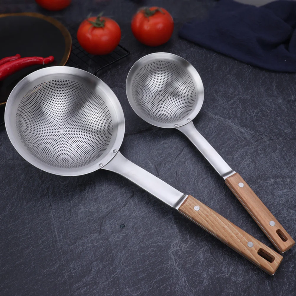 

Stainless Steel Hot Pot Spoon Wooden Handle Colander Multifunction Drain Bamboo Kitchen Utensil