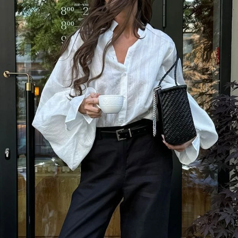 

Deeptown Elegant White Long Sleeve Women Shirts Basic Office Lady Lantern Sleeve Chic Blouse Loose Solid Color Aesthetic Casual