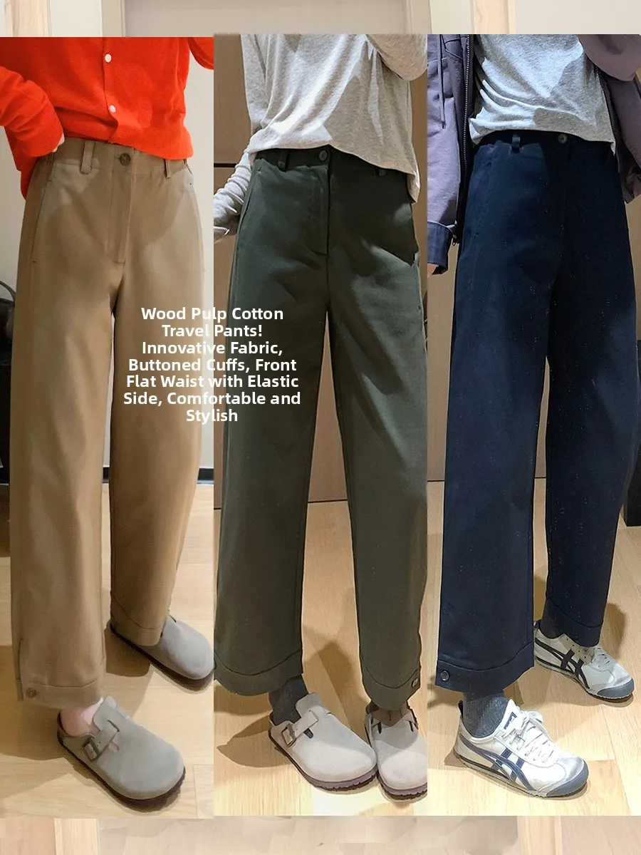 

Innovative Large Size Cotton Jute Pants Straight Leg Casual Trousers Side Elastic Waist Button Decor Low Waist Cotton Blend