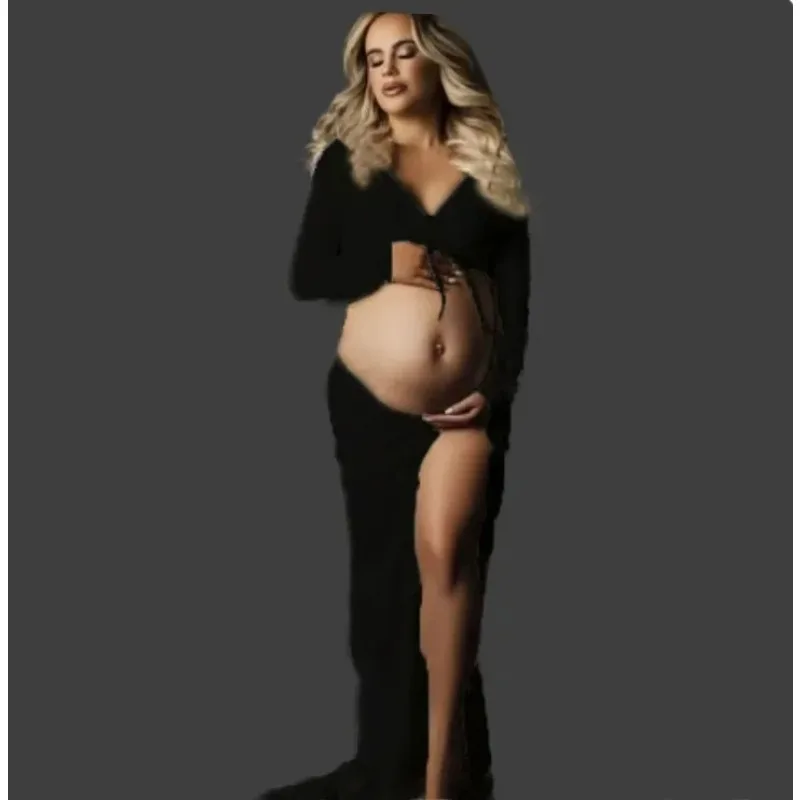 V-Neck Maternity Photoshoot Dress with Adjustable Drawstring - Pregnancy Gown for Baby Shower-Professional Maternity Photography