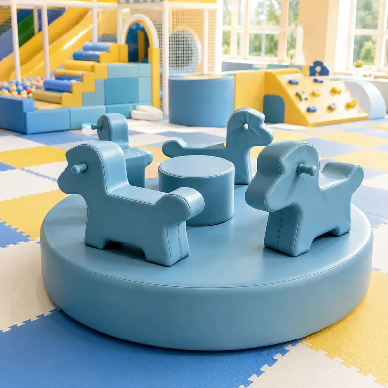 JINLI TOYS OCEANBlue Soft Play Merry Go Round with 4 Padded Seats Carousel for Kids Indoor Playground Equipment