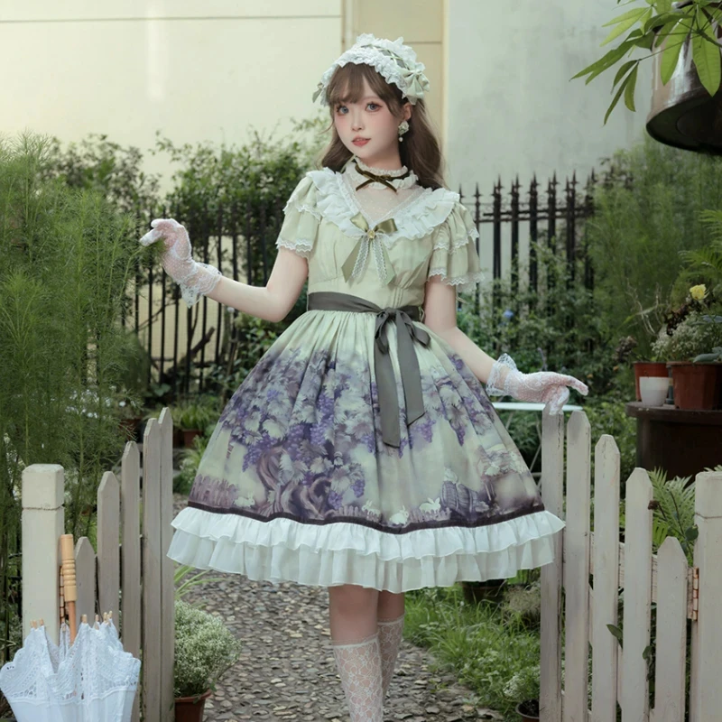 لوليتا نمط Op فستان المرأة عطلة خمر مقوس دانتيل الأرنب العنب طباعة فساتين الأميرة الفتيات تأثيري مساء فستان حفلة حلوة