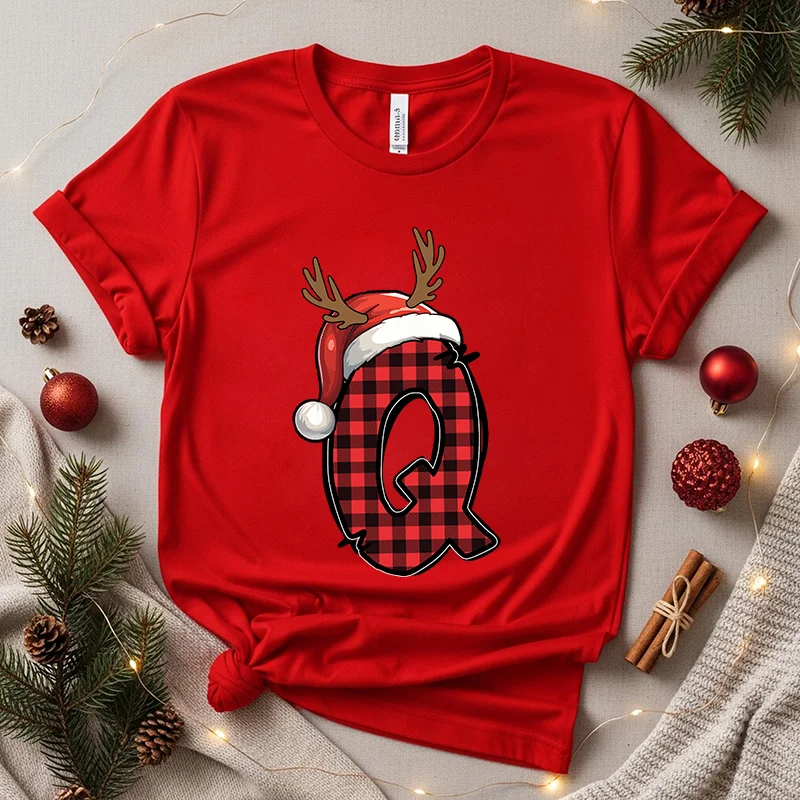 Women's T-shirt Christmas Alphabet Casual Fashion Short Sleeve T-shirt Santa Alphabet Street Wear Casual Fashion Women's T-shirt