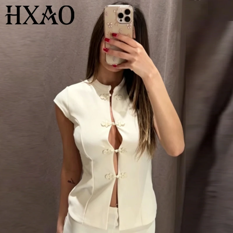HXAO Women's Cropped Sleeveless Vest Summer 2026 Beige Black Waistcoat Women Hollow Out Frog Button Slim Gilet Office Tank Tops