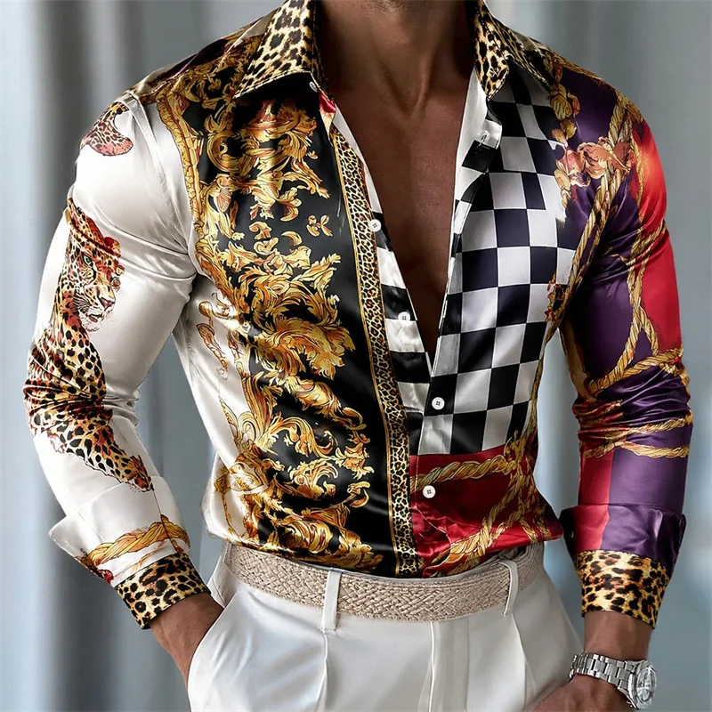 New light luxury European gold Baroque patterned shirt for high-end banquets, retro men's long sleeved shirt