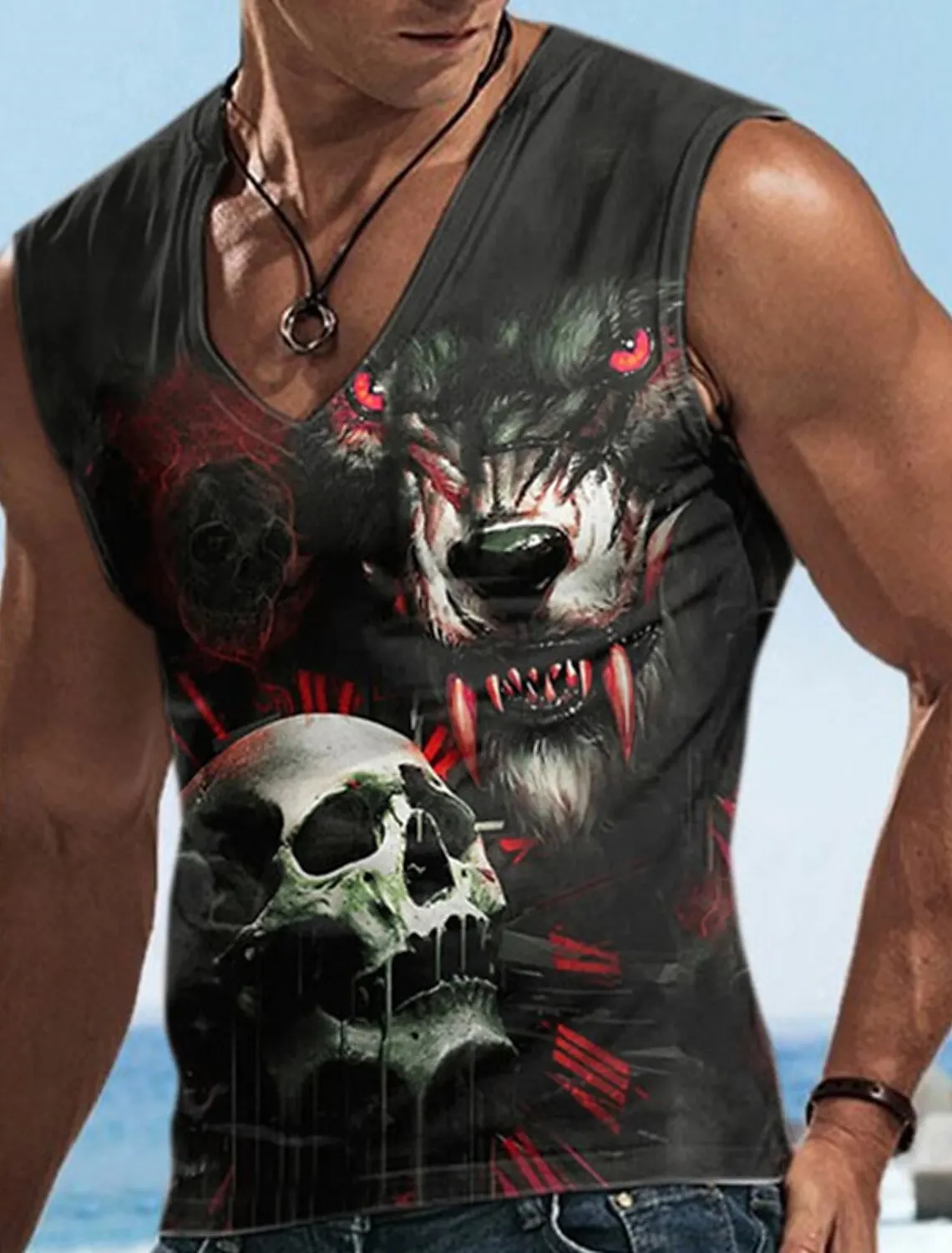 

2023 Four Seasons Men's Sports T-Shirt 3D Pattern Skull Print Retro Sleeveless Undershirt MenCasual Sleeveless V-Neck Streetwear