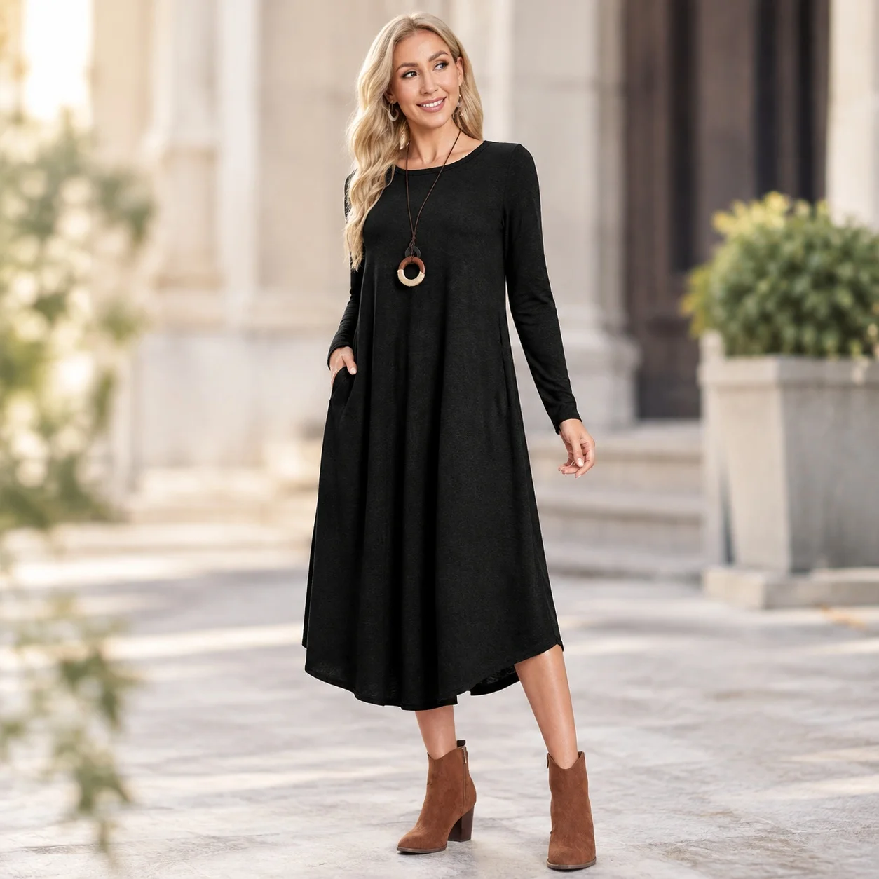 Round Neck Dress Loose Fit Maxi Length Elegant Style with a Line Silhouette Turtleneck Style Autumn Regular Sleeve Women Dress