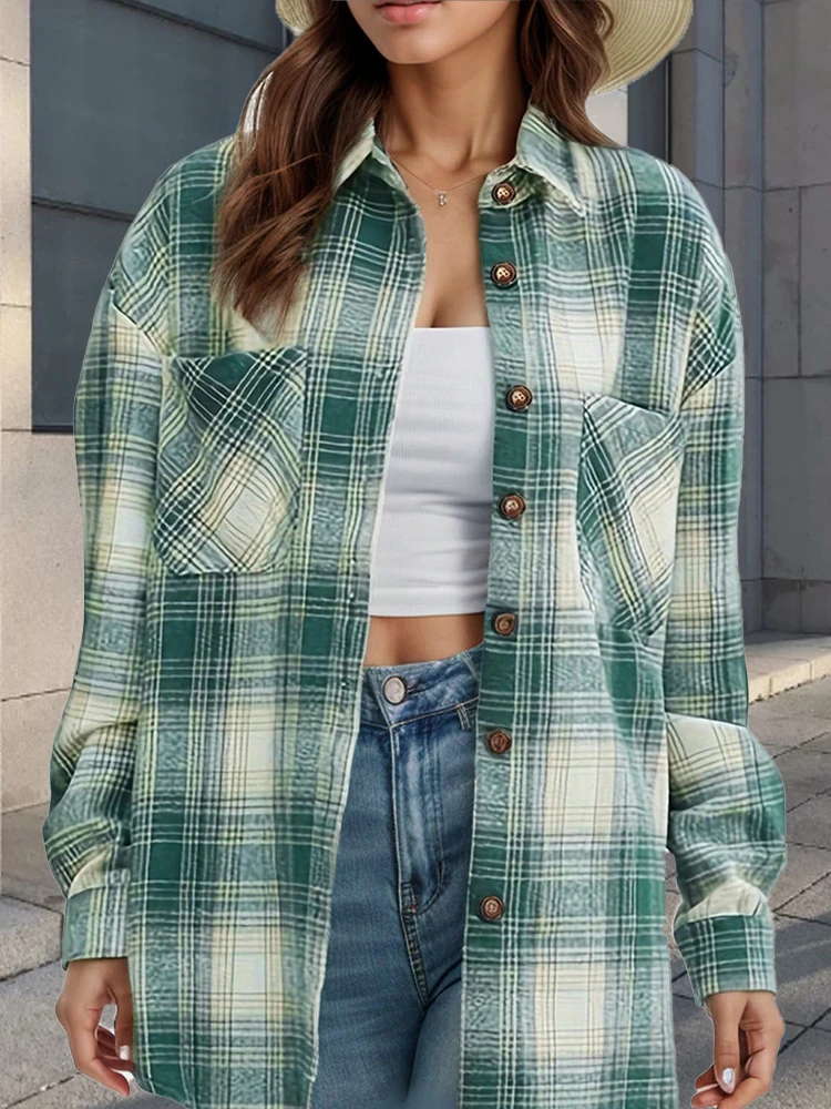 قميص كلاسيكي منقوش بأكمام طويلة مع زر بلوزات نسائية فضفاضة غير رسمية باللون الأخضر الساخن مع جيوب معطف طويل بلوزة نسائية جديدة #1