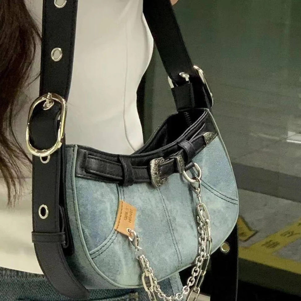 American Retro Harajuku Style Y2k Cool Chain Denim Pu Belt Handbag Underarm Bag Women Bag Large Capacity Storage Bag Purses