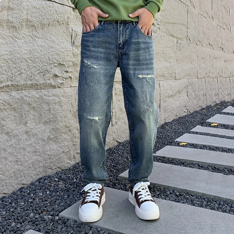 

New Casual Retro Ripped Patch Jeans For Men Loose And Versatile Tapered Beggar Pants