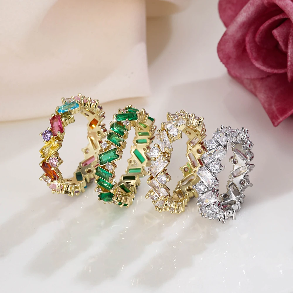 Fashion Luxury Charm CZ Zirconia Eternity Wedding Engagement Finger Rings for Women Green Multicolor Crystal Jewelry