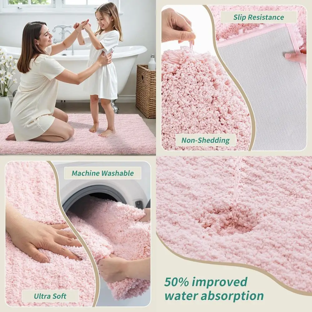 

Pink 24x59 Non-Slip Plush Bath Mat, Washable Luxury Rug for Bathroom Floor, Absorbent Shower Mat