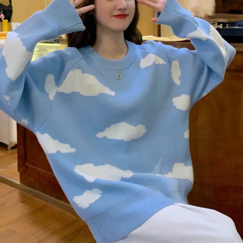 Blue/Black Fall Winter New Pull Jumpers Women Korean Cartoon Cloud Sweater Chic Casual Oversized Knitted Pullover Tops All-match