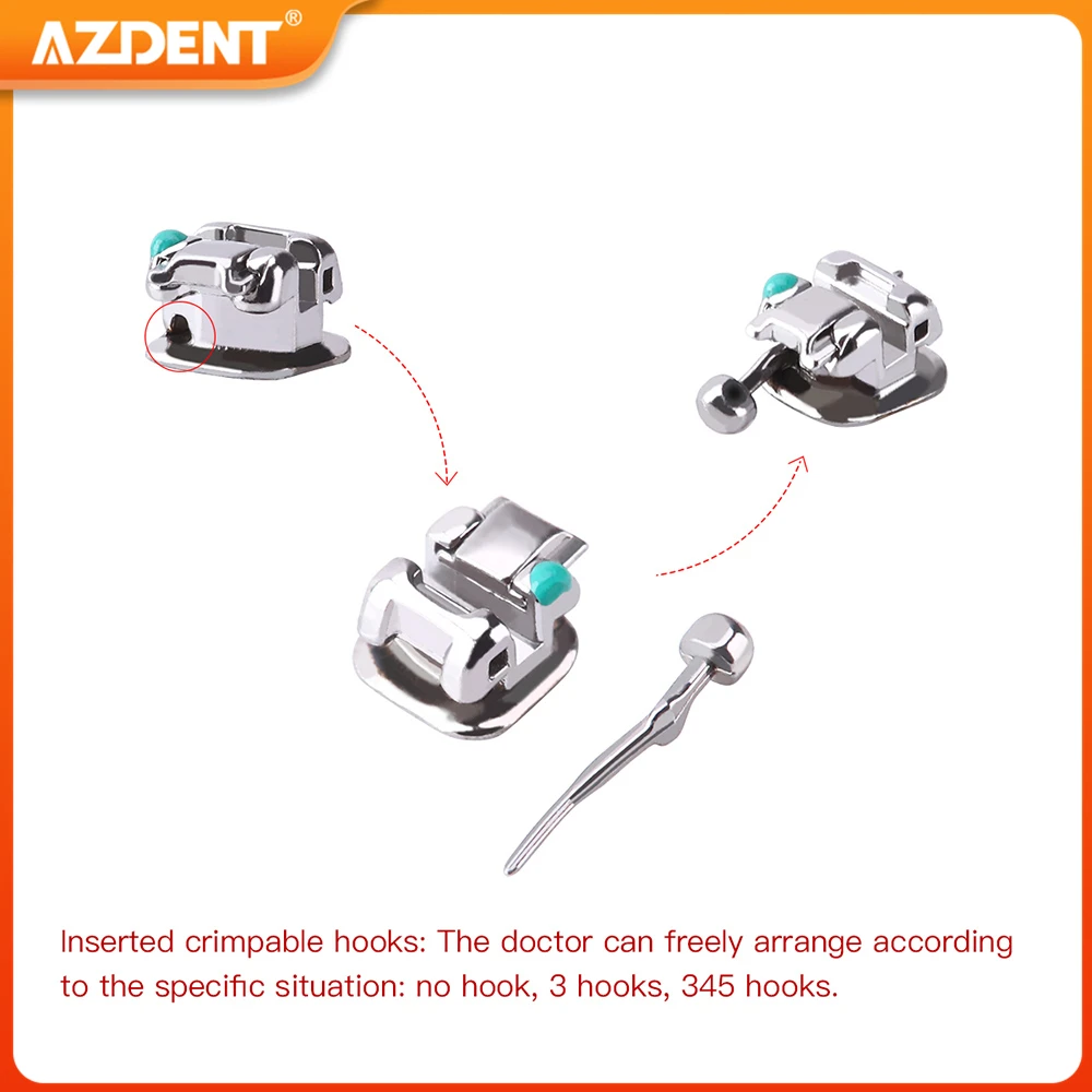 AZDENT Dental Orthodontic Brackets Self-Ligating Braces Inserted Crimpable Movable Hooks Auxiliary Hole Buccal Tube 28pcs/Box