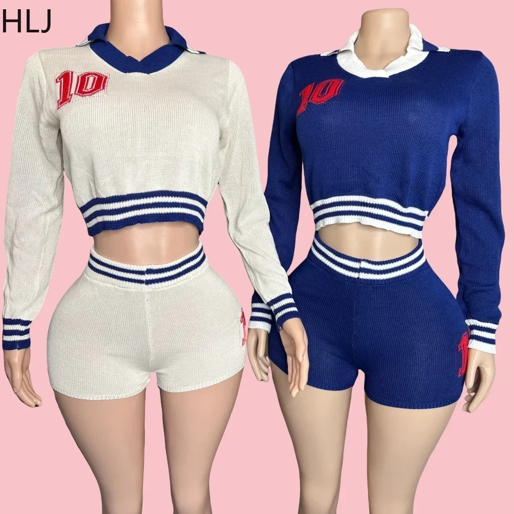 

HLJ Fashion Print Knitted Sweater Two Piece Sets Women V Neck Long Sleeve Crop Top And Shorts Outfit Lady Stretchy 2pcs Clothing