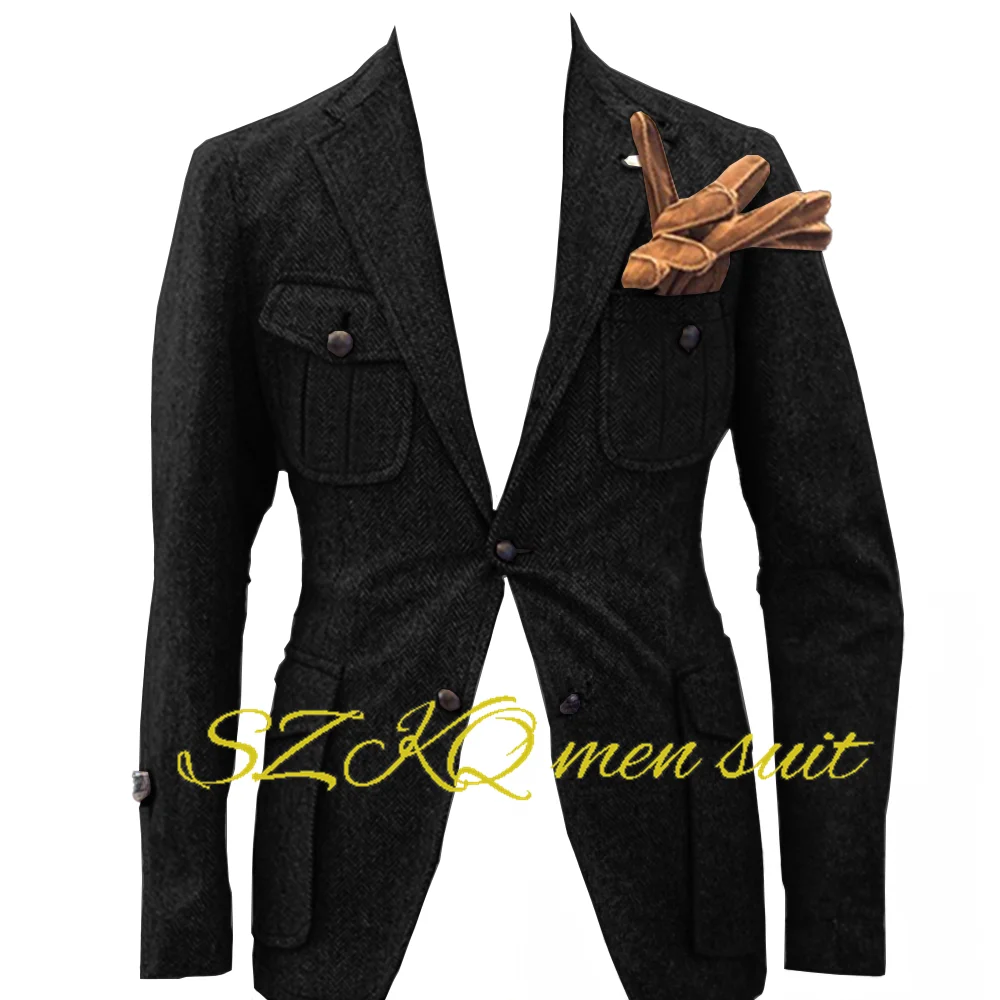 Men's Suit Jacket Khaki Herringbone Blazer Vintage Formal Clothing Wool Men's Custom XS-5XL Jacket