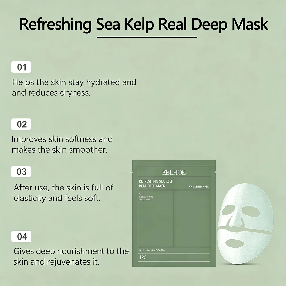 EELHOE Collagen Facial Sheet Mask, Refreshing Sea Kelp Deep Hydrating Face Mask Infused With Kelp Ferment Filtrate & Deep Sea Water, Purifies & Soothes Skin, Long Lasting Moisturizing, Boosts Natural Radiance, Gentle Daily Skin Care Treatment Mask