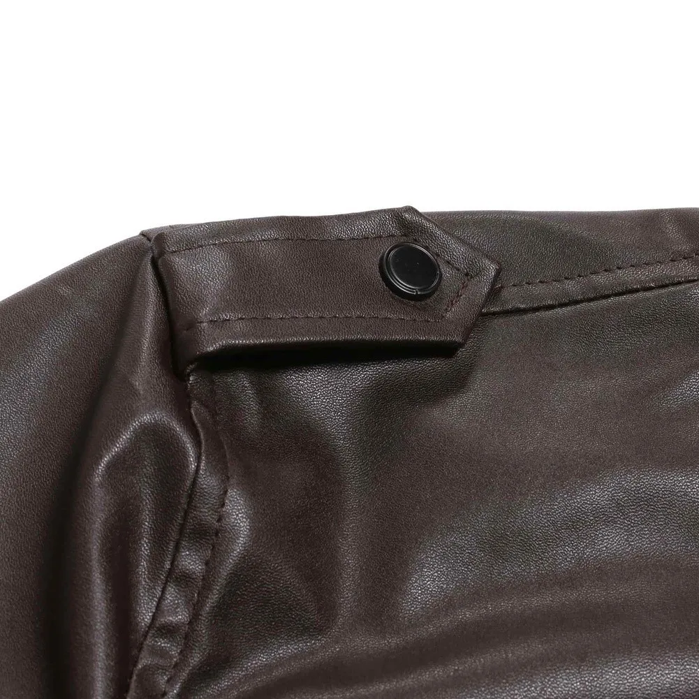 Men\\\'s Fit PU Leather Coat Autumn Winter Stand Collar Warm Jacket Regular Length Long Sleeve Black Brown L to 5XL