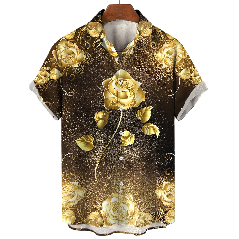 2023 Summer Caual Men's Shirt Gold Rose Hawaiian Shirt Men's 3d Printed Flower Fashion Shirt Men's Street Button Short Sleeve