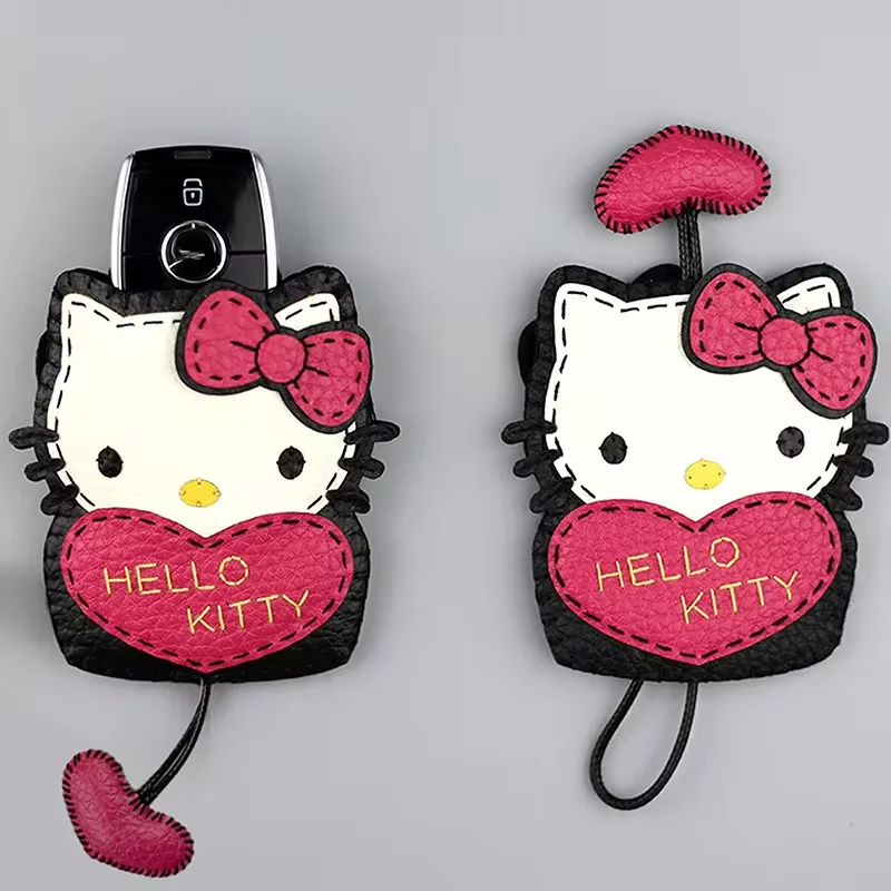 Hellokitty Key Protect Case Sanrio Anime Car Key Protection Bag Cute Two Sided Leather Car Universal Shield Bag Keys Accessories