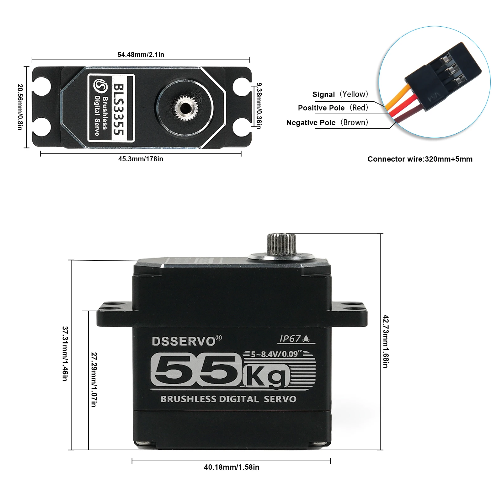BLS3355 55KG Digital Servo 8.4V Brushless 0.09s IP67 Waterproof Full Metal for RC Cars/DIY