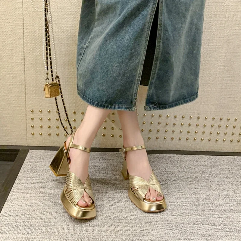 Summer Women Sandals Split Leather Shoes Peep Toe Chunky Heel Shoes for Women Super High Heel Platform Shoes Gold Modern Sandals