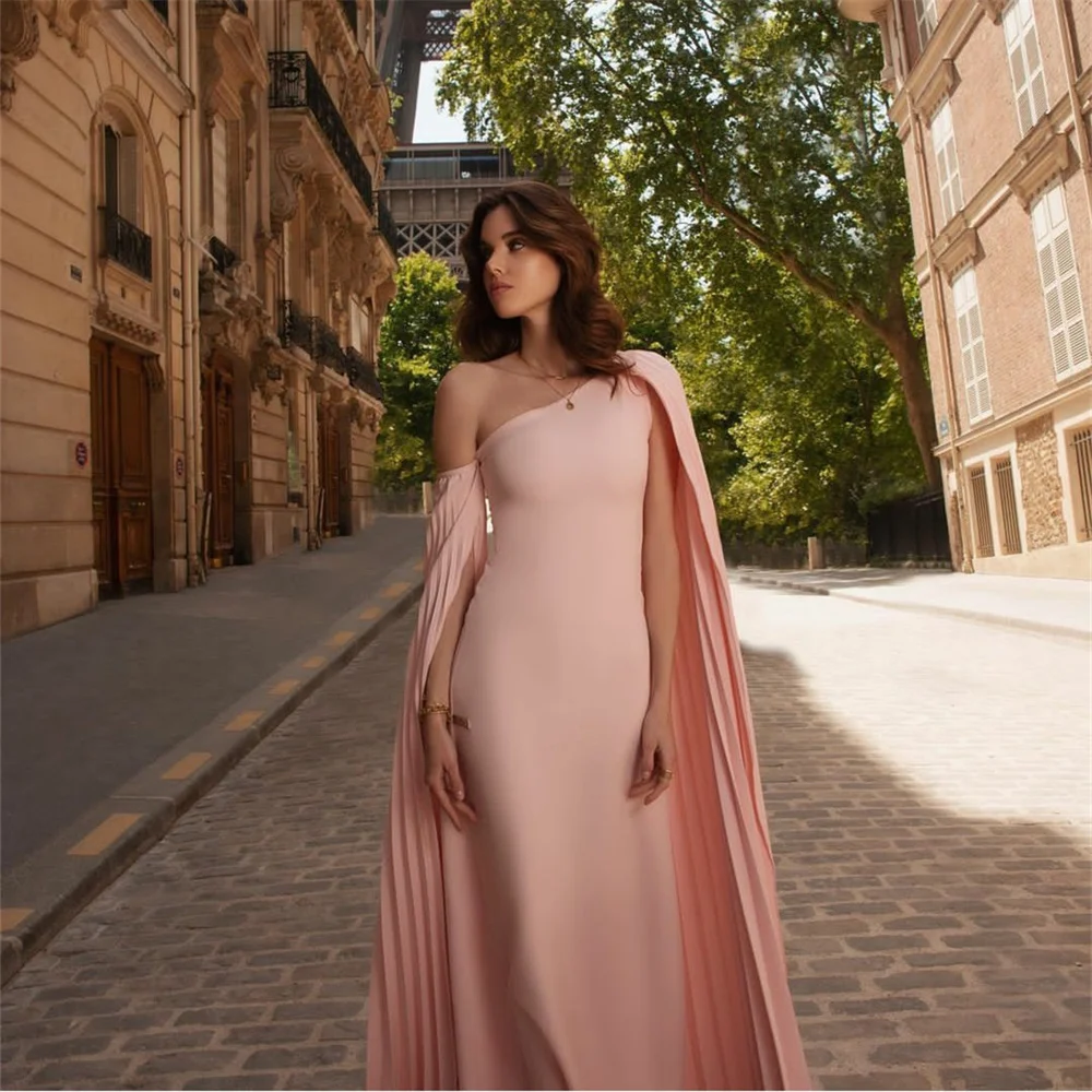 Annie Elegant Pleated Cape Prom Dresses Simple Pink Evening Dress Sloping Shoulders For Formal Occasions 2023 Vestidos De Noche